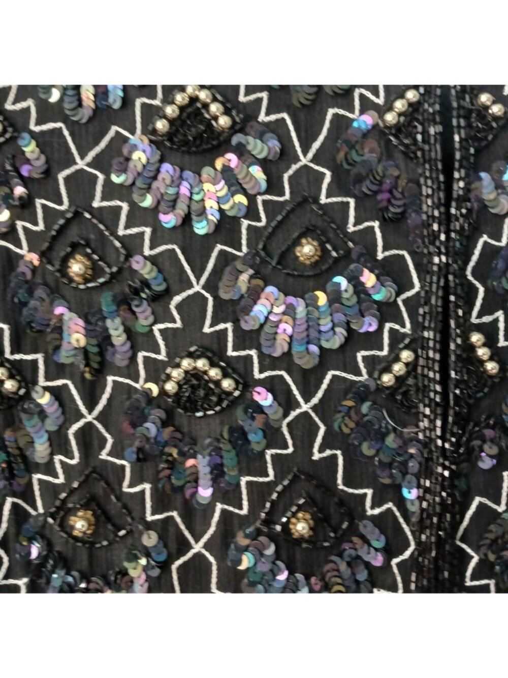 VTG Laurence Kazar Sz L Black Silver 100% Silk Sequin Bead Jacket Formal  #T-27 - Picture 9 of 12